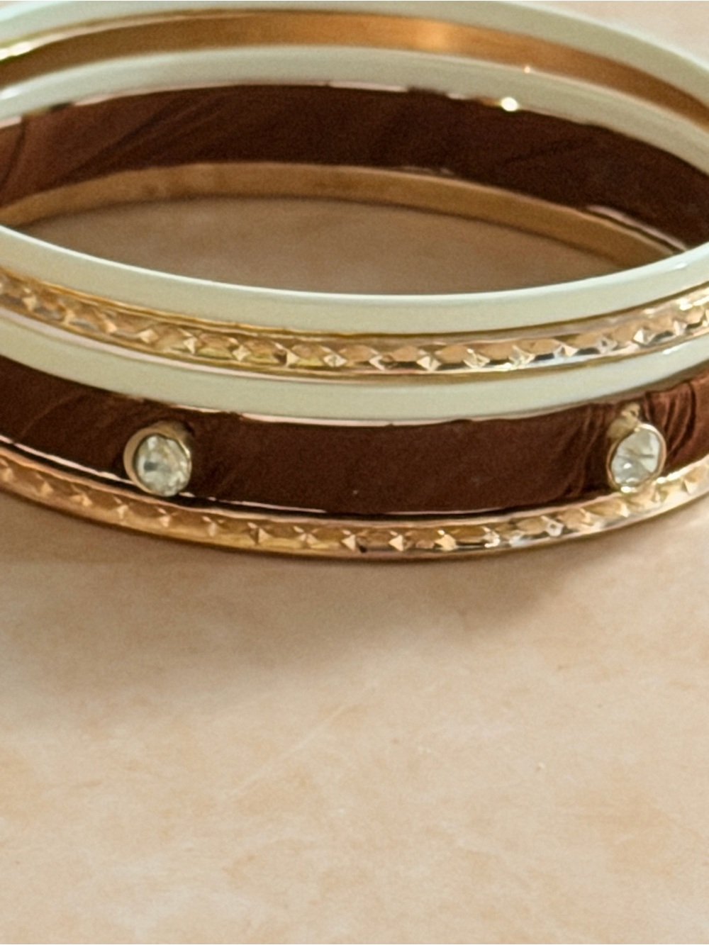 Stacked 5 Gold White Brown Satin Wrapped Rhinestone Women's Bangle Bracelets